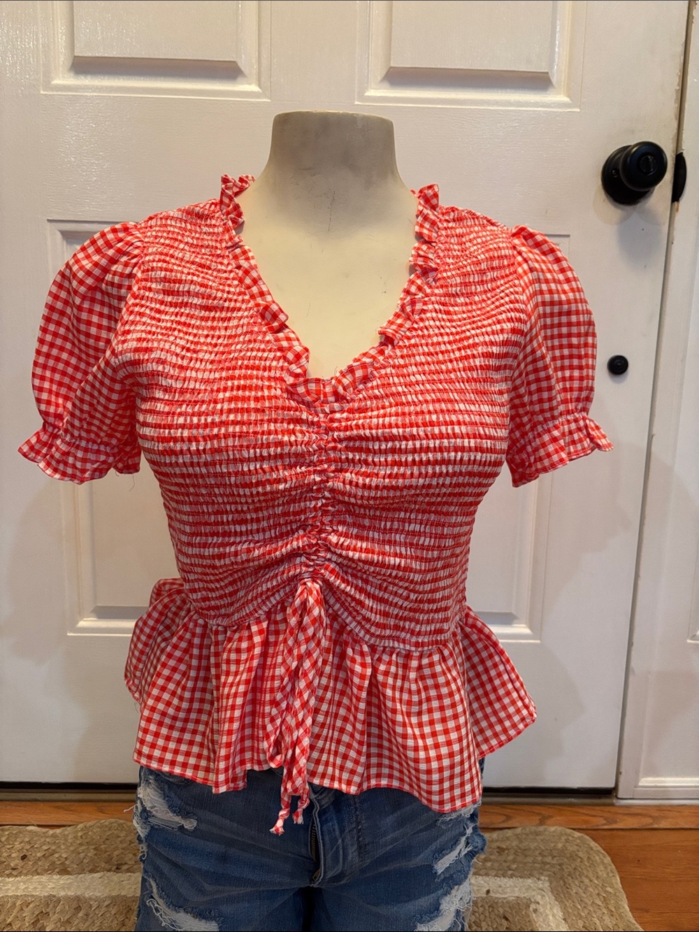 She + Sky Red Gingham Smocked Peplum Blouse Size Medium